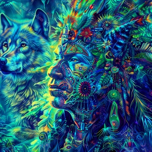 シャーマンとオオカミのトーテム動物をあしらったサイケデリックな UV 反応性タペストリー | ビジョナリー アート ブラックライト グローイング バックドロップ