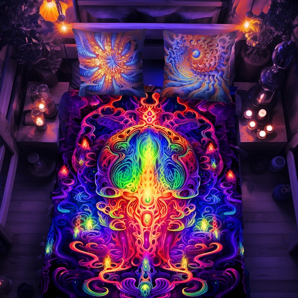 Psychedelic UV reactive Blanket, Blacklight art bedspread, Vibrant colors throw with fractals | Trippy Psy decor