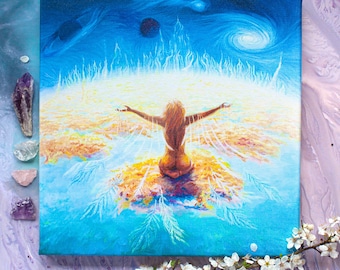 Boho Woman Flying Canvas Print: Sky Cloud Art (30x30cm)