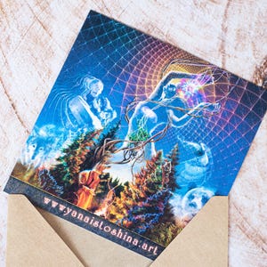 Psychedelic Shamanic Greeting Card | Sacred Feminine mini Print with Animal Spirits, Shaman in the Forest | Spiritual Healing Visionary art