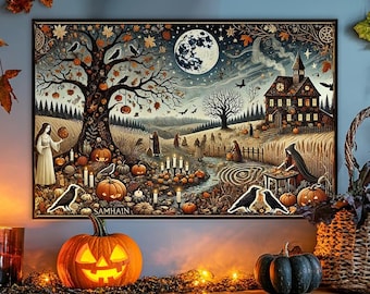 Poster Samhain : impression d'Halloween sorcière, décoration d'automne païenne