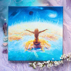 Boho Interior CANVAS PRINT with Fantasy Naked Woman Flying on the clouds in the sky