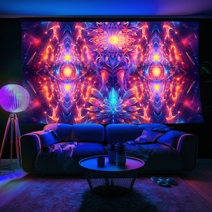 フラクタル エゴ トンネル UV タペストリー – 光るサイケデリック ウォール アート | ブラックライト反応型多次元装飾