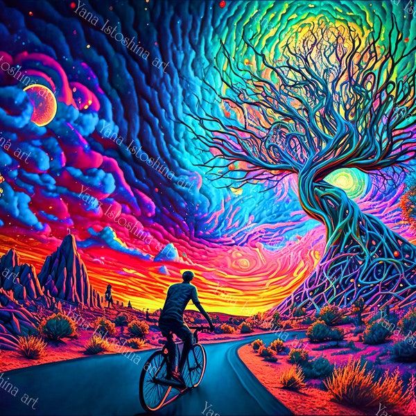 UV reactive landscape, Albert Hoffman's LSD experience bicycle day | Psychedelic Party Blacklight Backdrop, Fluorescent Neon Visionary Art