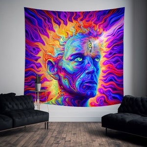 Psychedelic UV reactive Backdrop Visionary Art with Ajna Chakra | UV Tapestry with open Third Eye | Glowing Decor for Blacklight Rooms