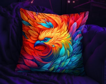 May include: A colorful throw pillow with a vibrant, abstract design of a bird with feathers in shades of red, orange, yellow, blue, and green.