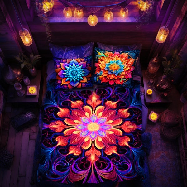 Floral Psychedelic UV reactive Blanket, Blacklight art bedspread, Vibrant colors throw with fractals | Trippy Psy decor |