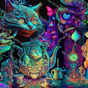 不思議の国のアリス サイケデリックアート UV タペストリー | パーティーデコレーション - 光る壁アート | ブラックライト反応型デコレーション | 光るデコレーション