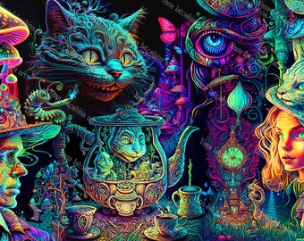 Alice au pays des merveilles tapisserie UV psychédélique brillant à la lumière noire | Fond néon | Décor de fête