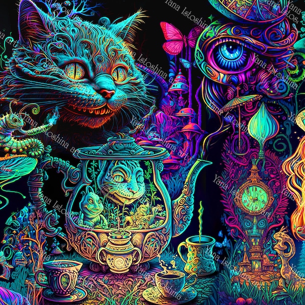 Alice au pays des merveilles tapisserie UV psychédélique brillant à la lumière noire | Fond néon | Décor de fête