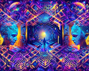 Blacklight Psychedelic Tapestry | UV Wall Hanging | Visionary Labyrinth Art for Meditation & Festival Decor