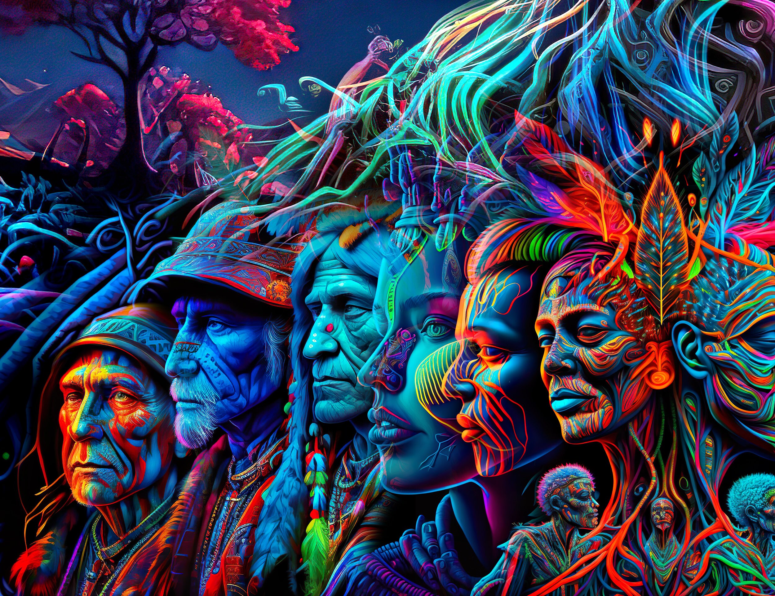 サイケデリックな世界樹タペストリー：UV反応性祖先ブラックライト