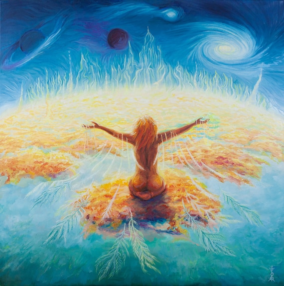 オリジナル油絵 100 x 100 cm | 宇宙に向かって飛ぶ女性
