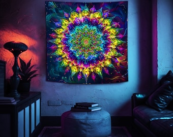 Tapisserie mandala réactive aux UV - tenture murale psychédélique lumière noire, décoration d'intérieur trippy, art lumineux néon