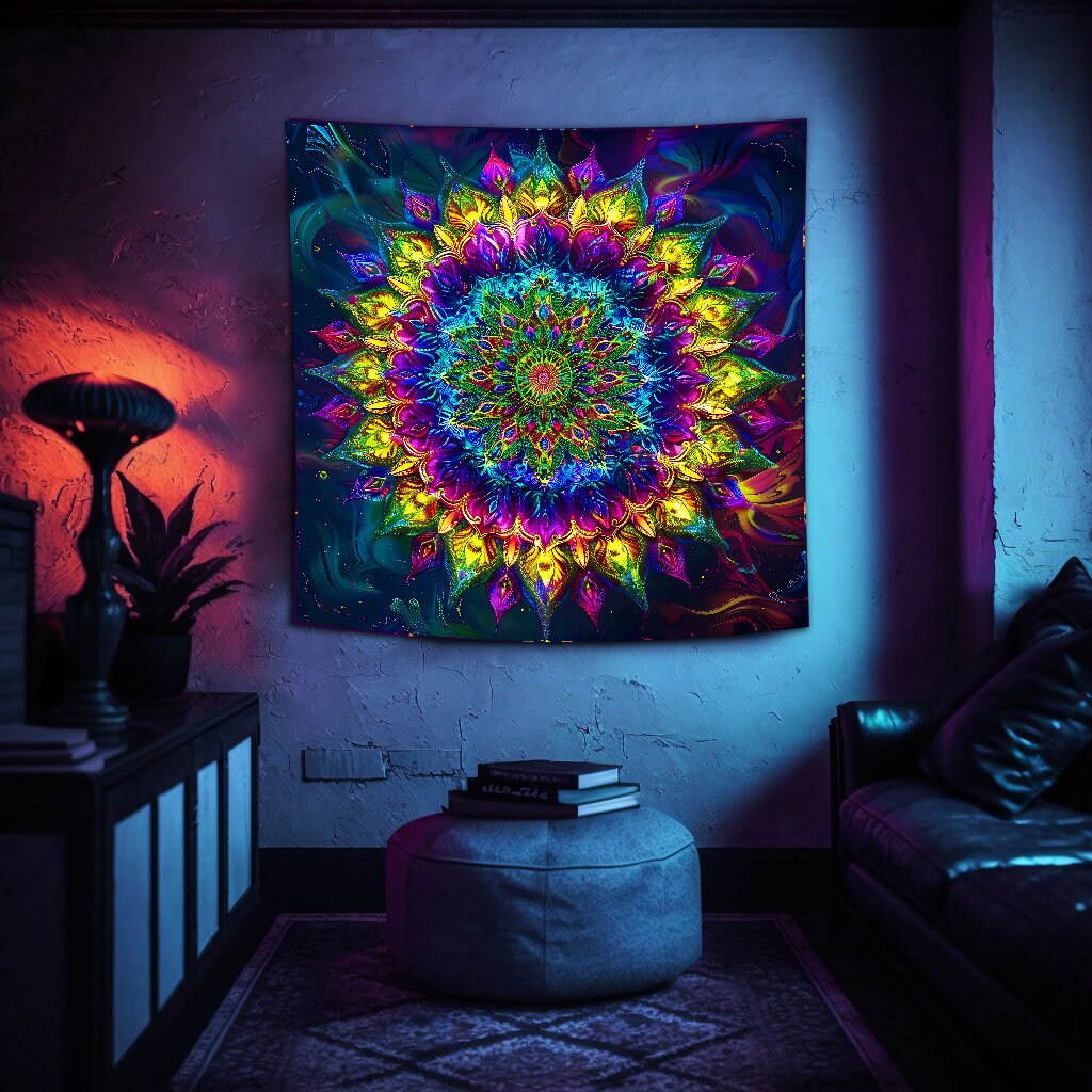 Black Light Mandala Tapestry Etsy