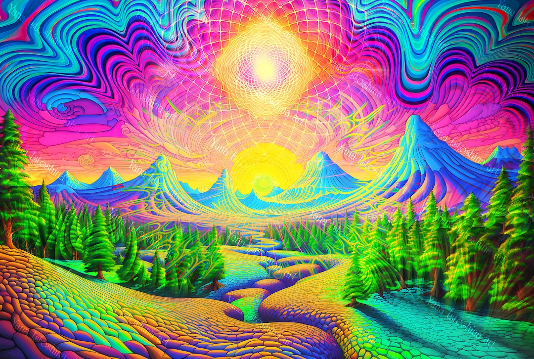 UV Reactive Tapestry: Psychedelic Mountain Sunset, Blacklight Neon
