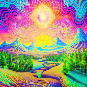 山の鮮やかな夕日/日の出を描いたサイケデリックな UV 反応性タペストリー | ビジョナリー アート ブラックライト ネオン バックドロップ、トリッピーな風景
