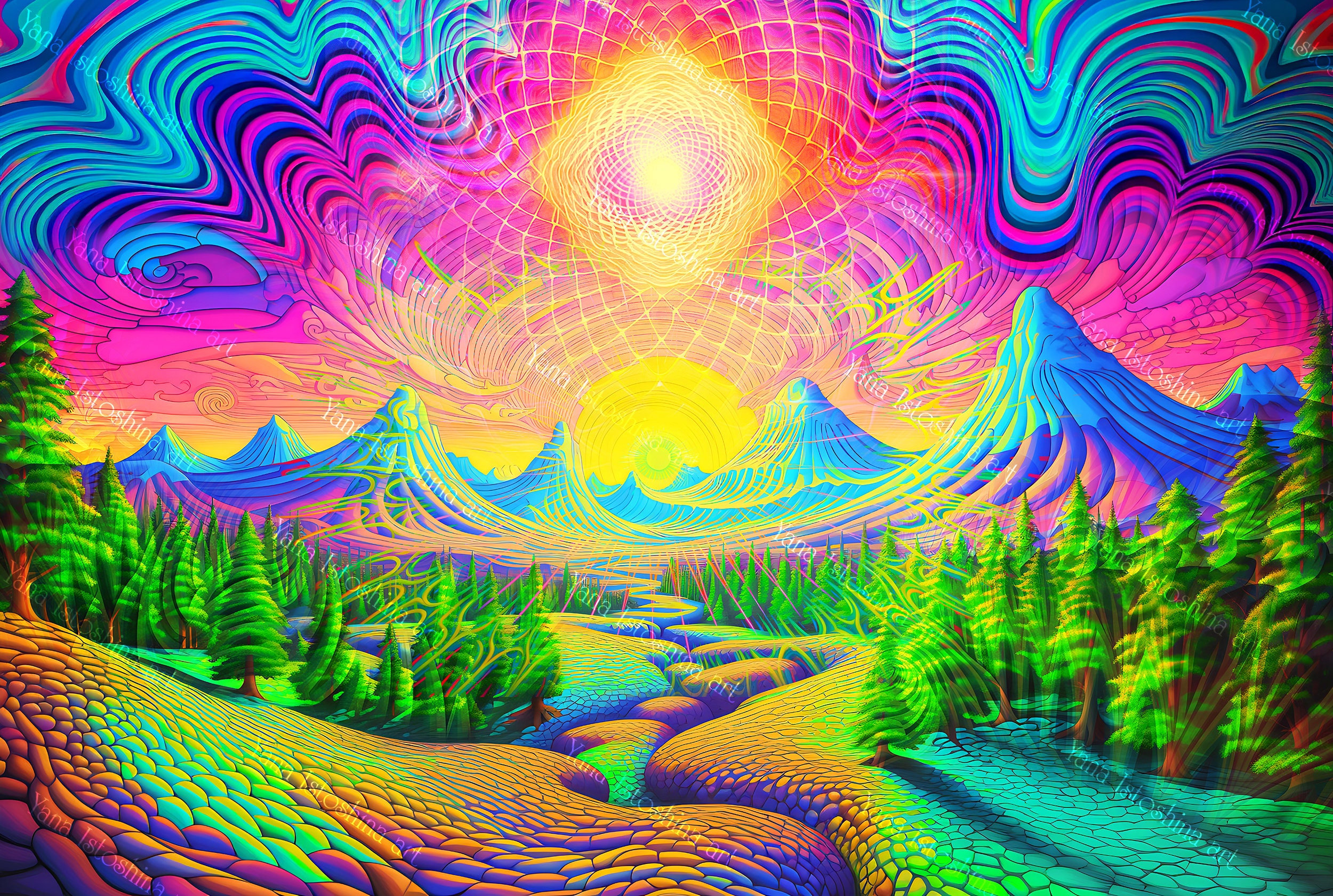 UV反応性タペストリー：サイケデリックな山の夕日、ブラック