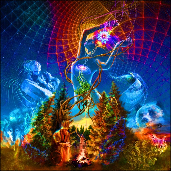 Shamanic UV Reactive Psychedelic Tapestry With Dancing Woman and Forest Animal Spirits Glowing in Blacklight Visionary Art Etsy Canada
