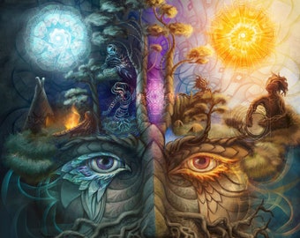 Psychedelic Shamanic Art Print: Trippy Moon & Sun Spiritual Painting