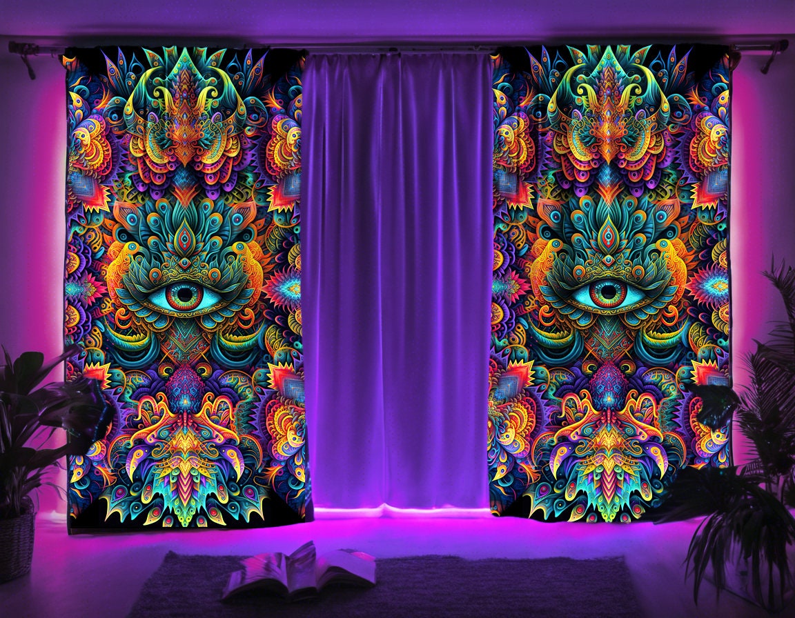 サイケデリック曼荼羅 ファブリックパネル 約91×60×3cm 目の曼荼羅 UV反応サイケデリックカーテン | 窓装飾 ブラックライト