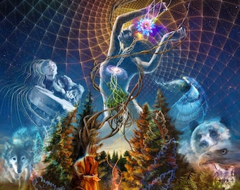 サイケデリックなシャーマニックアートプリント：トリッピーな月と太陽