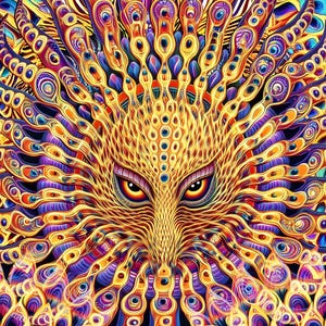 Puede incluir: Una impresión de arte digital psicodélica que presenta un diseño colorido e intrincado con una forma central similar a un ojo. La obra de arte está dominada por tonos de amarillo, naranja, morado y azul, creando un patrón vibrante e hipnótico.
