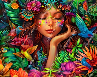 UV Blacklight Tapestry: Woman Among Plants, Psychedelic Neon Art