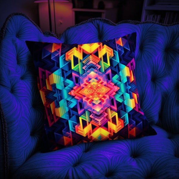 UV Reactive Tribal Psychedelic Pillow Case |  | Hippie Cushion | Trippy Neon Glowing Cushion with Abstract Geometric Pattern