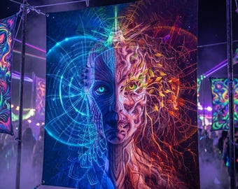Cyber-Natural Duality UV Tapestry – Glowing Psychedelic Wall Art | Blacklight Reactive Cyber-Human Decor