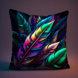 Psychedelic Cushion with Fantasy Feathers | UV Reactive Pillow Case |  | Boho Cushion | Trippy Neon Glowing Cushion