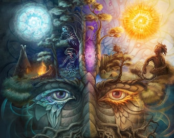 Shamanic Sun and Moon Canvas Print: Mystical Day & Night Spiritual Art