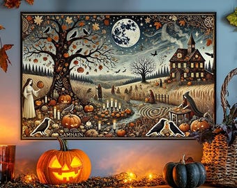 Stampa su tela di Samhain: arte mistica pagana del raccolto, decorazioni stregonesche