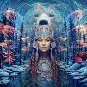 Shamanic Woman with Bear Totem Canvas Print – Mystical Winter Forest Art