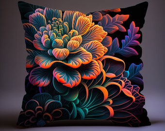 UV-Reaktiver Kissenbezug | Psychedelisches Kissen | Boho Kissen | Trippy Neon leuchtendes Kissen | Blumenkissen | Psychedelische Blume