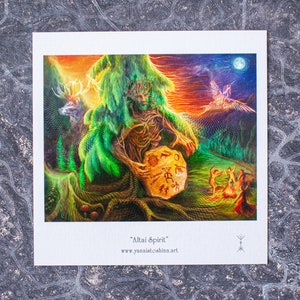 Tarjeta de felicitación de arte visionario chamánico con paisaje psicodélico Espíritu del bosque / Arte espiritual Imprimir