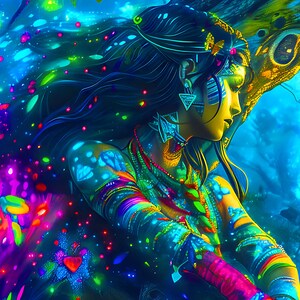 May include: A woman with long dark hair and colourful body paint sits in a woodland setting. She wears a variety of jewellery and has a bright blue and green background.