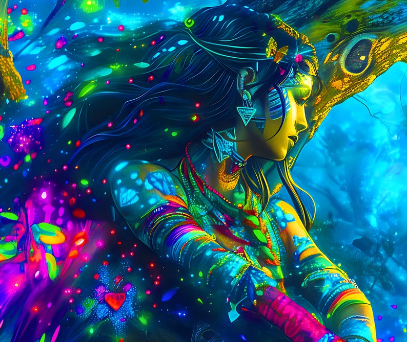 May include: A woman with long dark hair and colourful body paint sits in a woodland setting. She wears a variety of jewellery and has a bright blue and green background.