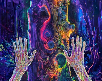 Tapisserie Réactive Aux UV : Forêt Psychédélique Au Coucher Du Soleil, Art à La Lumière Noire - France