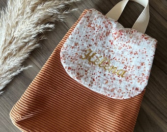 Sac personnalisé avec prénom en velours côtelé et double gaze de coton, cadeau de naissance, entrée en crèche ou maternelle