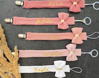 Personalized pacifier clip in cotton gauze, birth gift