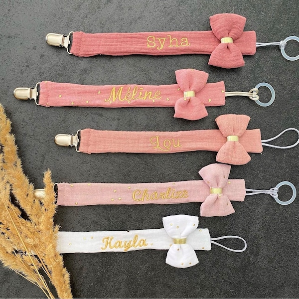 Personalized pacifier clip in cotton gauze, birth gift