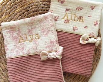Personalized two-material health record cover with embroidered first name, birth gift