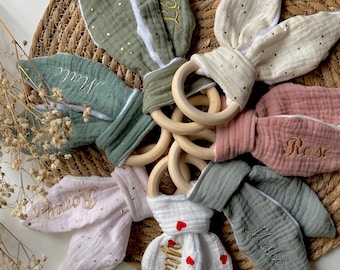 Hochet bébé personnalisable, Anneau de dentition lapin personnalisé, Anneau oreilles lapin, cadeau de naissance personnalisé hochet en bois