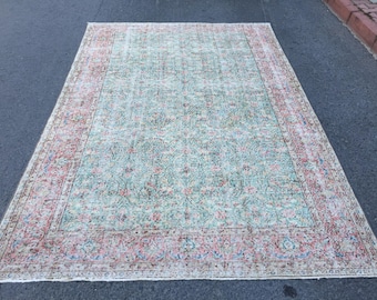 pastel green floral woven bedroom carpet  ,  6'10" X 10'5" distressed dining room rug,  R9369F125