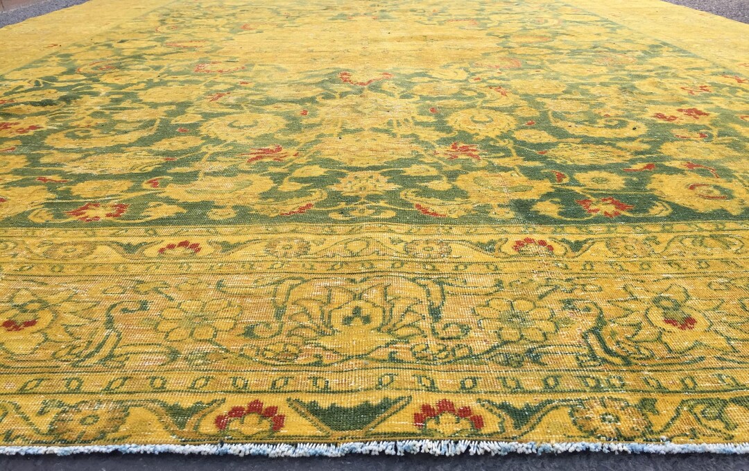 Vintage Green Yellow Bohemian Area Rug , 9'5