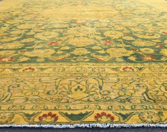 vintage green yellow bohemian area rug  , 9'5" X 12'2" handmade  living room carpet  R7684F51