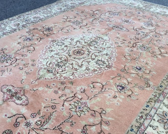 pastel orange red beige rug for bedroom, 6'5" X 10'1"  vintage living room carpet  R1548F113