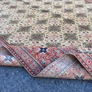6x9 handmade bed plan rug, beige orange Turkish rug, 6&#39;5&quot; X 9&#39;5&quot;  Vintage Rug ,   R9107F90