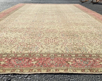 Tappeto da sala da pranzo vintage effetto invecchiato, beige e rosso, 190 x 284 cm, tappeto per camera da letto fatto a mano R7562F50